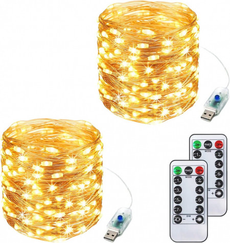 Set de 2 instalatii cu 200 de LED-uri ITIC decor, plastic, alb cald, USB, 8 moduri iluminare, 20 m