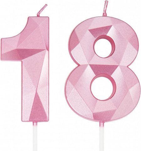 Set de 2 lumanari pentru aniversare 18 ani PARTY GO, model diamant, ceara, roz, 7 cm