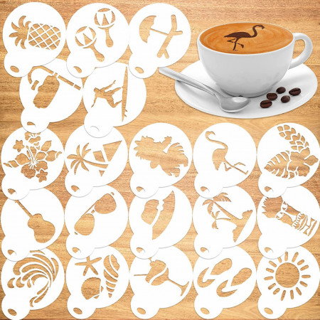 Set de 20 sabloane pentru decorarea prajiturilor/cafelei Qpout, plastic, alb, 6,5 cm