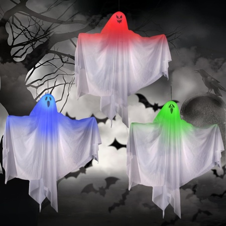 Set de 3 decoratiuni iluminate fantome de Halloween Geulieby, textil, multicolor, 60 x 67 cm