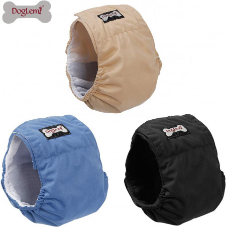 Set de 3 scutece lavabile pentru caini Doglemi, textil, bej/negru/albastru, marimea XS