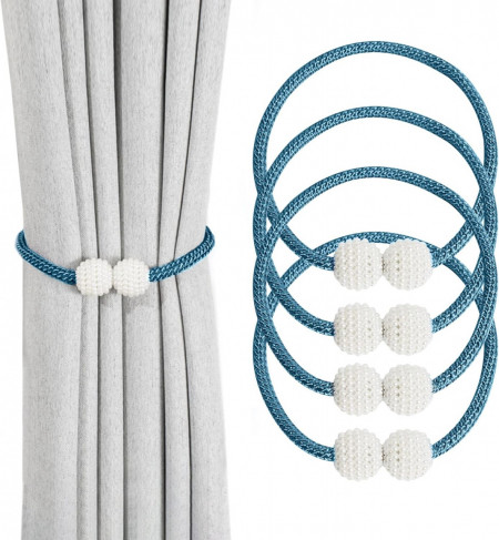Set de 4 curele magnetice pentru perdele Houyond, textil/metal, albastru/argintiu, 44 x 3 cm