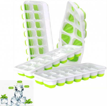 Set de 4 forme cu capac pentru cuburi de gheata MufHomse, silicon/polipropilena, alb/verde, 25,1 x 9,9 x 3 cm