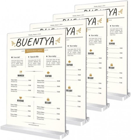 Set de 4 suporturi A6 pentru meniu/brosura BUENTYA, acril, transparent, 10 X 15,2 X 4,5 cm