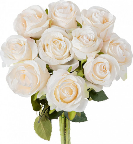 Set de 6 trandafiri artificiali Hawesome, matase/plastic, crem, 54 cm - Img 1