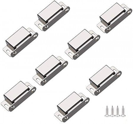 Set de 8 incuietori magnetice pentru usi Tiberham, plastic/metal, argintiu, 4,5 x 1,7 cm