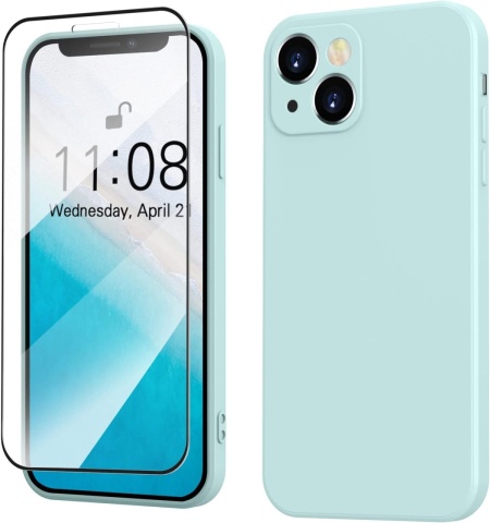 Set de husa si folie de protectie pentru iPhone 13 Mitetabo, silicon/sticla securizata, verde menta, 6,1 inchi