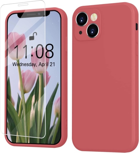 Set de husa si folie de protectie pentru iPhone 13 Mitetabo, silicon/sticla securizata, rosu, 6,1 inchi