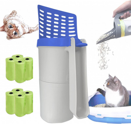 Set de lingura pentru asternut la pisici cu cos de gunoi atasat si 120 de saci de umplere YAWMLYE, plastic, gri/albastru, 29,9 x 10,6 x 9 cm