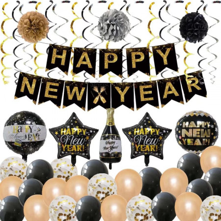 Set de petrecere de revelion Otes, folie/latex/hartie, auriu/argintiu/negru, 48 piese
