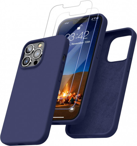 Set husa de protectie si 2 folii pentru iPhone 13 Pro Max, silicon/sticla, albastru/transparent, 6.7 inchi