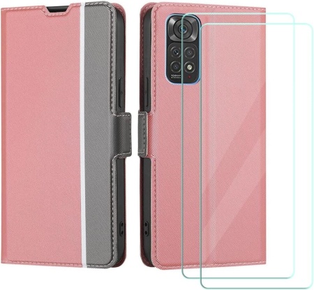 Set husa flip si 2 folii de protectie pentru Xiaomi Redmi Note 11 4G/11S Atisijie, textil/TPU/sticla securizata, roz/gri/transparent, 6,43 inchi