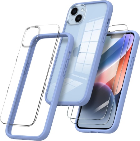 Set husa si 2 folii de protectie pentru iPhone 14 Ornarto, silicon/sticla securizata, albastru/transparent, 6,1 inchi