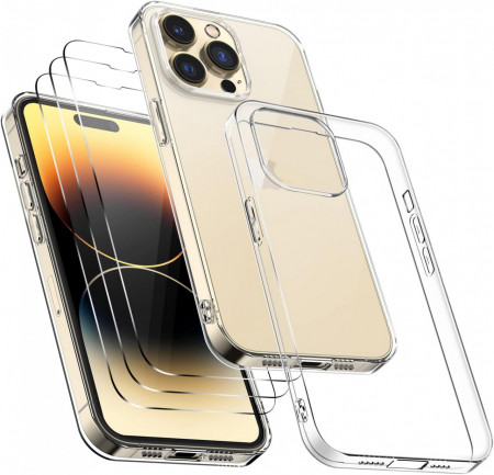 Set husa si 3 folii de protectie pentru iPhone 14 Pro YNMEacc , sticla securizata/silicon, transparent, 6,1 inchi