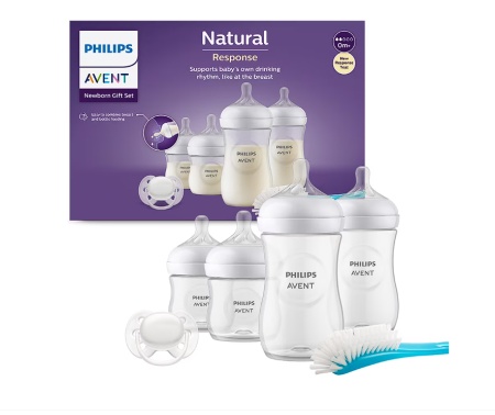 Set nou-nascut Philips Avent Natural Response SCD838/11, tetina care functioneaza ca sanul mamei, tetina fara scurgeri, 4 biberoane, suzeta ultra-soft 0-6 luni, perie pentru biberon, Resigilat, Grad A