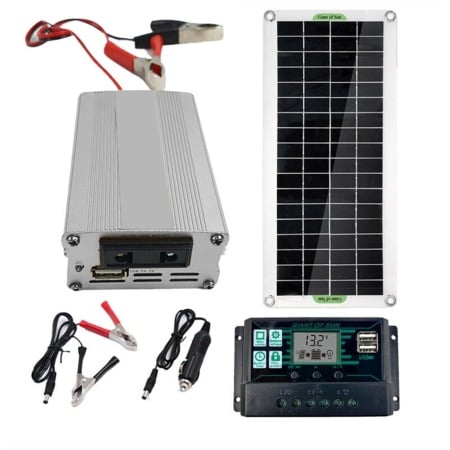 Set panou solar portabil, invertor, 2 porturi USB si controller de incarcare Whemyreat, metal/policarbonat, 220W, 30 A, 12/24 V