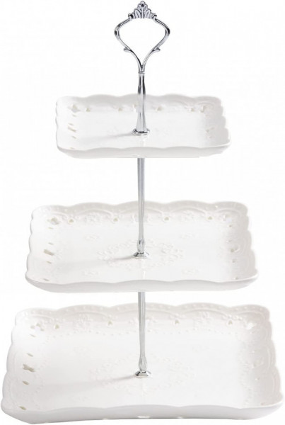 Suport cu 3 nivele pentru prajituri VIVILINEN, ceramica/metal, alb/argintiu, 25 x 25 x 37 cm - Img 1