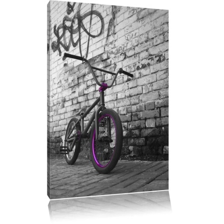 Tablou East Urban Home, model bicicleta BMX, lemn/panza, gri/negru/mov, 70 x 100 x 1,8 cm