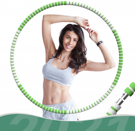 Cerc pentru fitness/masaj Hula Hoop, metal/spuma, alb/verde, 6 segmente, 84 cm