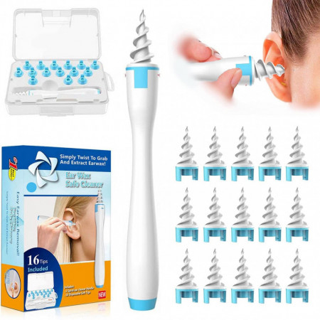 Dispozitiv pentru curatarea urechilor SharpCost, cu 16 varfuri, silicon/plastic, alb/albastru, 12,5 cm