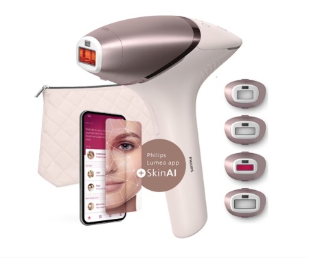 Epilator IPL Philips Lumea Seria 9900 BRI977/00, Senzor Smartskin, tehnologie SenseIQ, conectare la aplicatie cu functii Skin AI, utilizare cu sau fara fir, 450.000 impusuri, accesoriu fata, corp, axila si inghinal, Roz pudra, Resigilat, Grad A - Img 1