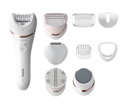 Epilator umed si uscat Philips Seria 9000 BRE740/90, 12 accesorii, 32 pensete, utilizare fara fir, 2 setari de viteza, opti-light, discuri ceramice, Argintiu, Resigilat, Grad A