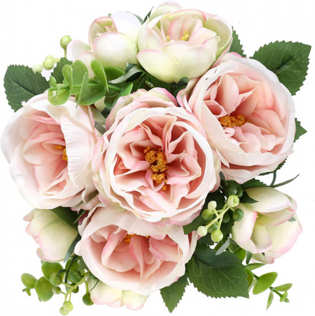 Floare de bujor artificial Tifuly, matase/plastic, roz deschis/verde, 35 x 22 cm