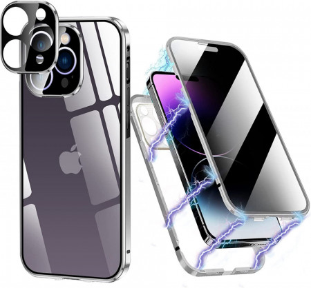 Husa de protectie pentru iPhone 14 Pro ZJRUI, magnetica, sticla securizata/metal, argintiu, 6,1 inchi - Img 1