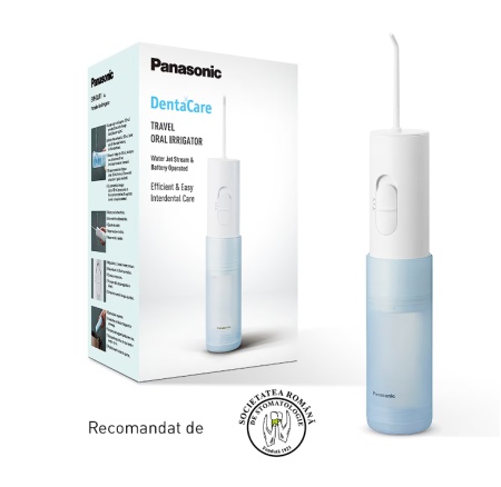 Irigator bucal Panasonic EW-DJ11-A503, 2 trepte de presiune, Portabil, 20min autonomie (2xAA), Capacitate 150ml, Alb, Resigilat, Grad A