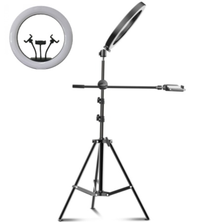 Lampa Circulara Ring Light REVOSE™ cu Extra Brat si 3 suporturi telefon, Diametru 36cm/14inch LED, Lumina Naturala/Rece/Calda, Trepied 210 cm Inclus, Telecomanda Bluetooth