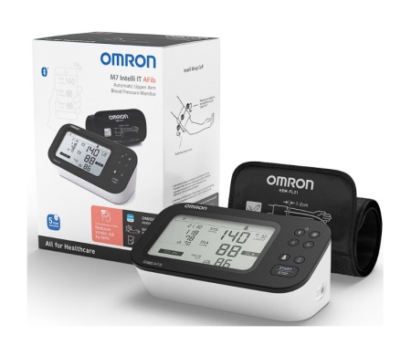 Pachet Tensiometru de brat automat OMRON M7 IT AFib, Tehnologie Intellisense, Adaptor AC original Omron, Alb, Resigilat, Grad A - Img 1