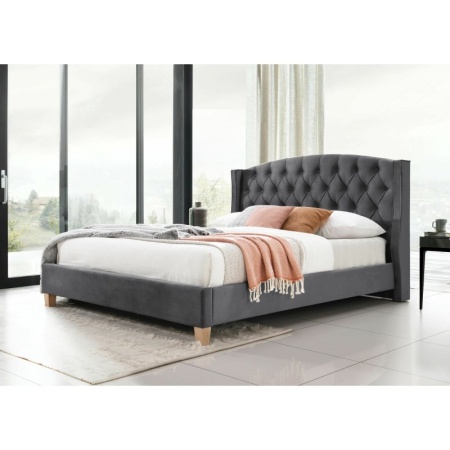 Pat dublu KL Ando, tapitat cu catifea, somiera inclusa, structura lemn masiv, tablie inalta, 140x200 cm, gri