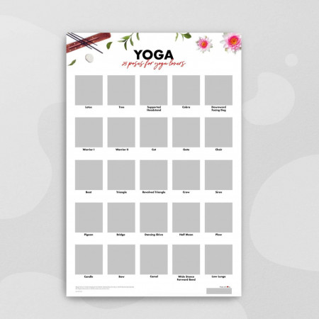 Poster cu 25 de pozitii pentru iubitorii de yoga Scratch Lover, hartie, multicolor, 30 x 45 cm