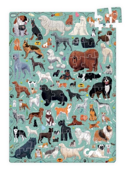 Puzzle pentru copii educational, Banana Panda Puzzlove Dogs, 100 piese, rase cunoscute de caini, format mare 68 x 48 cm