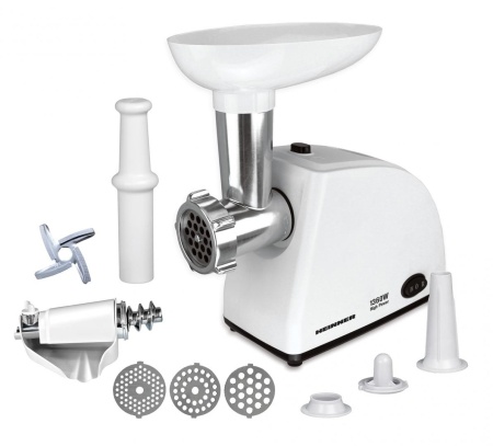 RESIGILAT – MASINA DE TOCAT HEINNER MG-W1200R, Putere 1360W, 1.5kg/min, Accesoriu rosii, Accesoriu carnati, Cutit inox, 3 site taiere, Alb