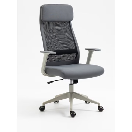 Scaun birou Kiwari Han, spatar inalt, cadru metalic, suprafata din tesatura si plasa, suport lombar fix, brate fixe, mecanism fluture, baza nylon, roti PU, Gri/Negru