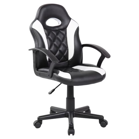 Scaun gaming Kiwari Klaus, material PU+PVC, cadru lemn, brate fixe, mecanism sus-jos, lift gaz, baza nylon, roti silentioase, spatar ergonomic, sezut confortabil, inaltime reglabila, Negru/Alb