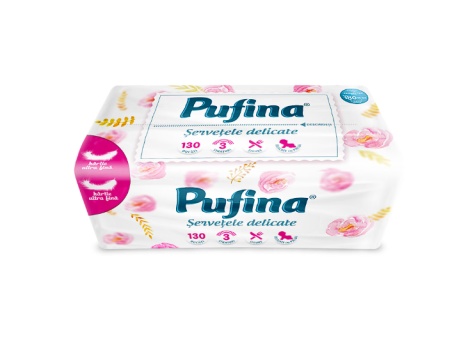 Servetele faciale Pufina Mega Pack, 3 straturi, 100% celuloza, ultra soft, 130 buc, Resigilat, Grad A
