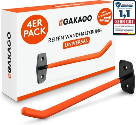 Set 4 suporti de perete pentru jante Gakago, metal, negru/portocaliu, 26 x 9 x 5 cm