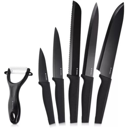 Set 5 cutite de bucatarie, din otel inoxidabil, 1 cutit de curatat din ceramica, Navaris, negru, Resigilat, Grad A