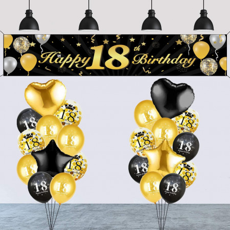Set aniversar pentru 18 ani KKSJK, poliester/folie/latex, auriu/negru, 20 piese