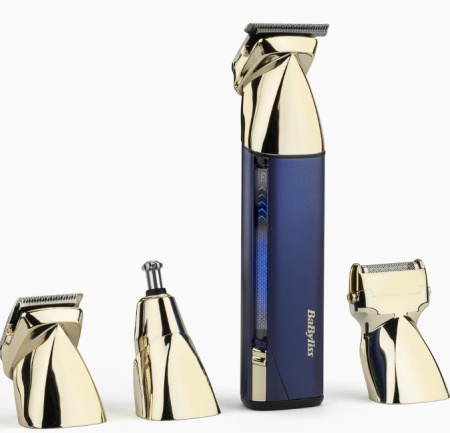 Set aparat de tuns parul si barba Babyliss Super-x Metal Series MT992E, 15 in 1 multi trimmer, auriu/albastru marin, Resigilat, Grad A