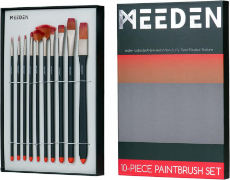 Set de 10 pensule profesionale pentru pictura MEEDEN, nailon/aluminiu, maro/argintiu/negru
