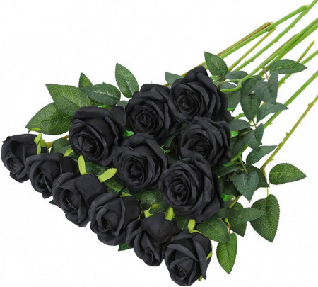 Set de 12 trandafiri artificiali Hawesome, matase/plastic, negru/verde, 52 x 7 cm - Img 1