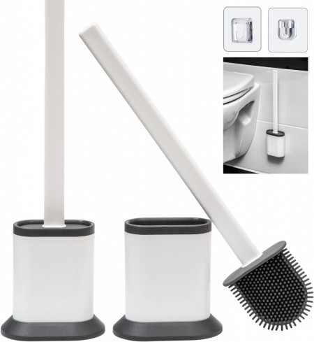 Set de 2 perii cu suport pentru toaleta Salarot, plastic/cauciuc, alb/gri, 13 x 3,8 x 36 cm