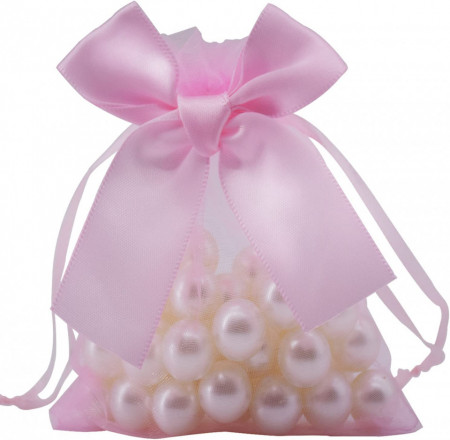 Set de 20 saculeti cu perle pentru marturii Creahaus, textil/plastic, roz, 7 x 9 cm - Img 1