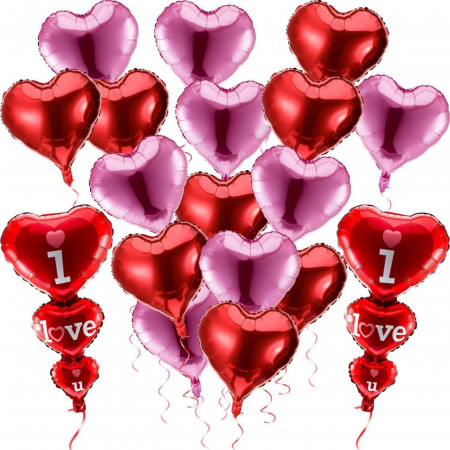 Set de 22 baloane in forma de inima pentru petrecere romantica Bdecoll, folie, rosu