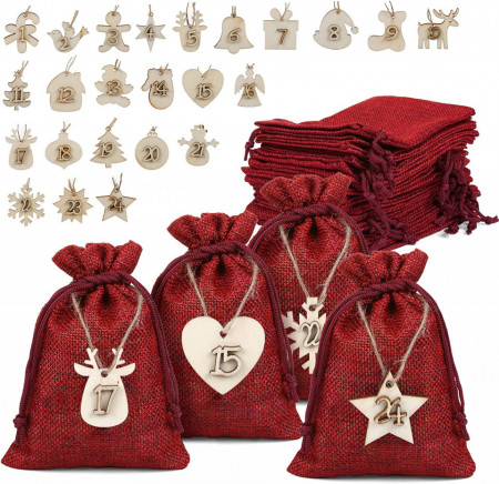 Set de 24 saculeti cu numar pentru calendar de advent Naler, textil, rosu, 10 x 14 cm