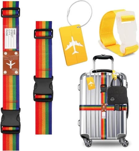 Set de 3 curele si o eticheta pentru valize Hnoom, polipropilena/plastic, multicolor