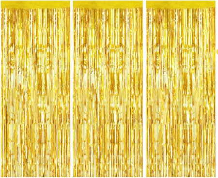 Set de 3 perdele cu franjuri Shengyuantong, folie, auriu, 100 x 200 cm